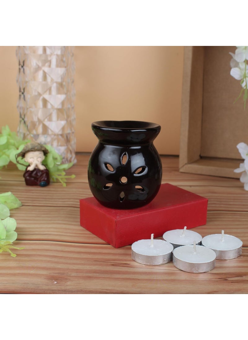 coku Coku Ceramic Diffuser Pot Essential Oil Burner Clay Lamp Wax Warmer Aromatherapy Oil Diffuser with 4 Tea Lights 10ml Sandalwood Aroma Oil for Home Office Spa Meditation Or Yoga Chocolate Brown  - Image 3