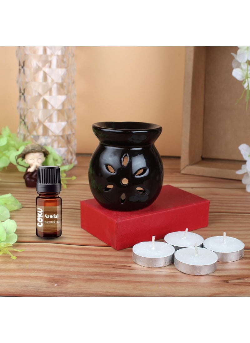 coku Coku Ceramic Diffuser Pot Essential Oil Burner Clay Lamp Wax Warmer Aromatherapy Oil Diffuser with 4 Tea Lights 10ml Sandalwood Aroma Oil for Home Office Spa Meditation Or Yoga Chocolate Brown  - Image 1