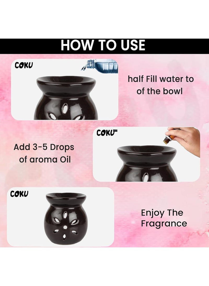 coku Coku Ceramic Diffuser Pot Essential Oil Burner Clay Lamp Wax Warmer Aromatherapy Oil Diffuser with 4 Tea Lights 10ml Sandalwood Aroma Oil for Home Office Spa Meditation Or Yoga Chocolate Brown  - Image 4