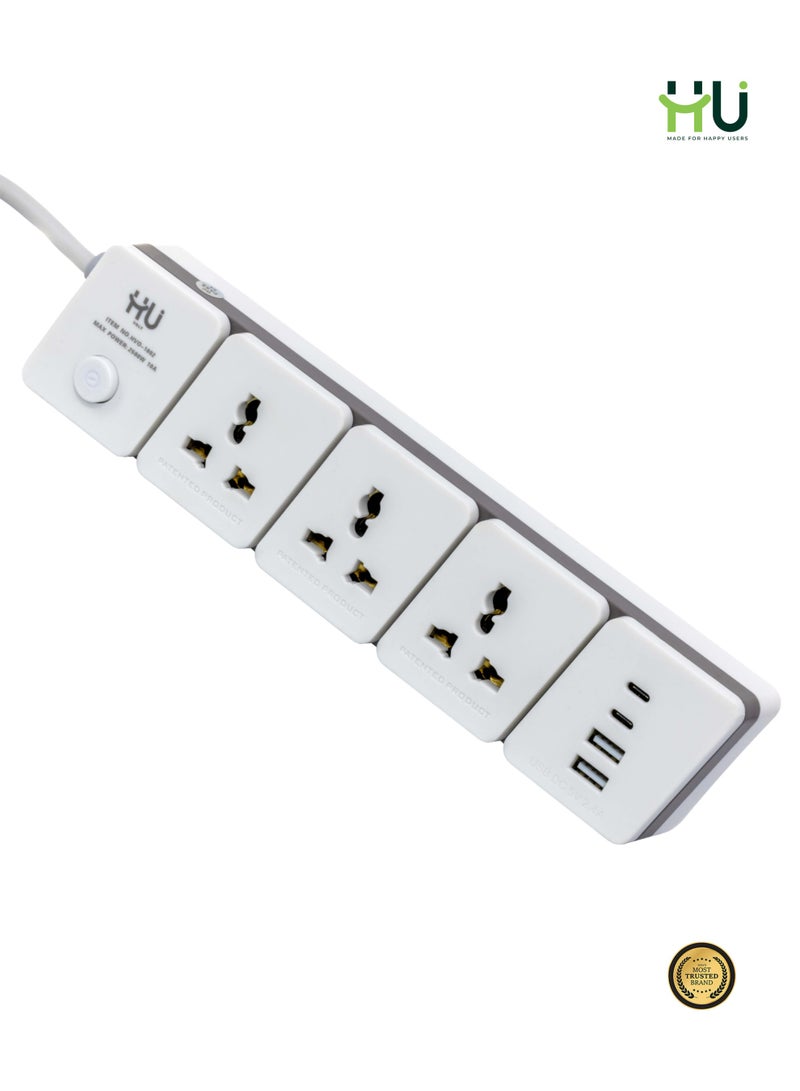 إتش يو مشترك كهربائي 3 مخارج + USB مع سلك 3 متر – وصلة كهرباء متعددة مع مفتاح تشغيل للمنزل والمكتب - Image 1