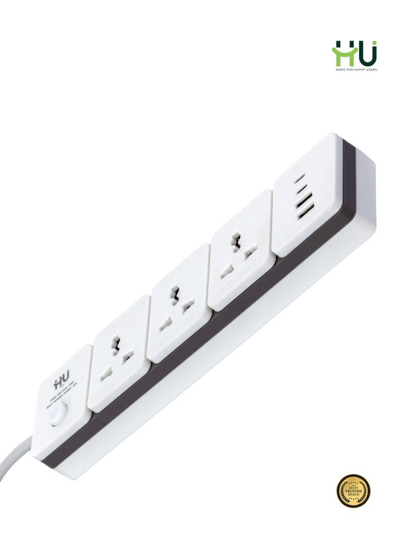 إتش يو مشترك كهربائي 3 مخارج + USB مع سلك 3 متر – وصلة كهرباء متعددة مع مفتاح تشغيل للمنزل والمكتب - Image 2