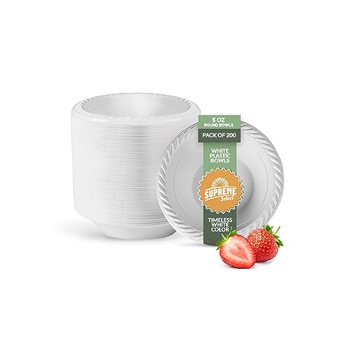 Supreme Select 200 Pack White Plastic Disposable Bowls – 5 oz BPA-Free Microwaveable Bowls with Rim for Soup, Salad, Dessert – Sturdy Disposable Plastic Bowls for Parties, Weddings, Kitchen Use - Image 1