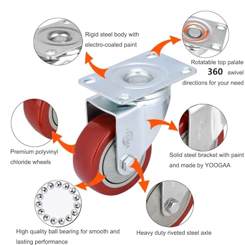 YOOGAA 3 inch Heavy Duty Casters Capacity 1000lbs Bearing Caster Wheels Without Brake Swivel Casters for Furniture and Workbench Set of 4 - Image 2