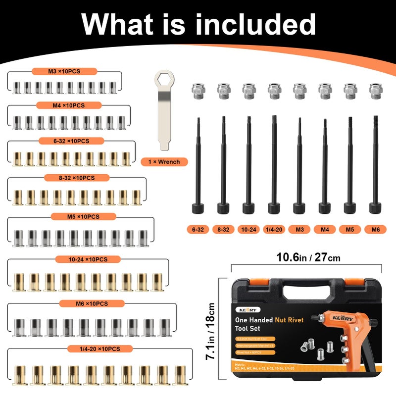 Kerry Rivet Nut Gun Tool, One-Handed Riveters 9.5" Rivnut Tool Kit with 8 Metric and SAE Mandrels 80PCS Rivet Nuts, 6-32 8-32 10-24 1/4-20 M3 M4 M5 M6 with Carrying Case Ideal for Automotive Work - Image 3