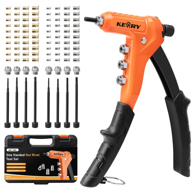 Kerry Rivet Nut Gun Tool, One-Handed Riveters 9.5" Rivnut Tool Kit with 8 Metric and SAE Mandrels 80PCS Rivet Nuts, 6-32 8-32 10-24 1/4-20 M3 M4 M5 M6 with Carrying Case Ideal for Automotive Work - Image 1