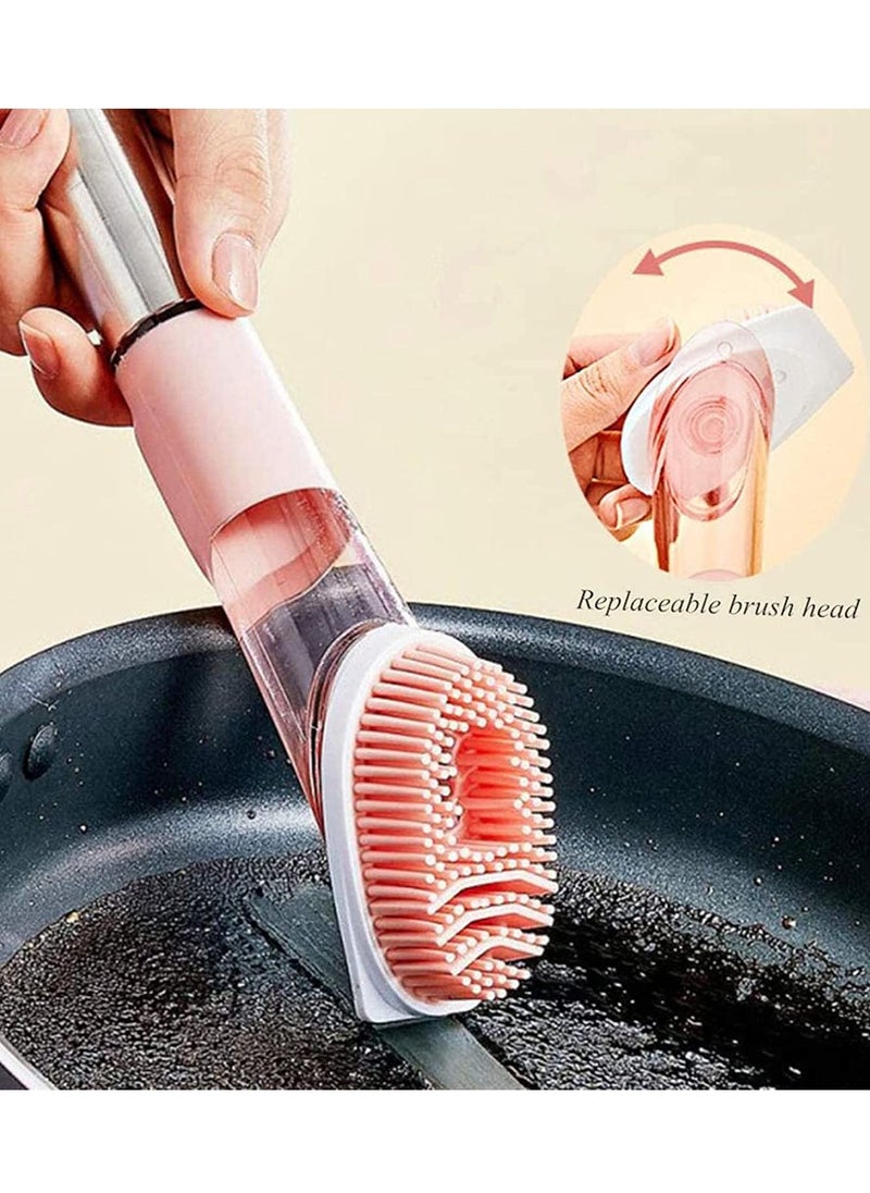Y&D Kitchen Dish Brush, Soap Dispensing Scrub Brush with Handle, for Pot Pan Sink Cleaning, 3 Reusable Refill Replacement Heads (Pink)  - Image 3