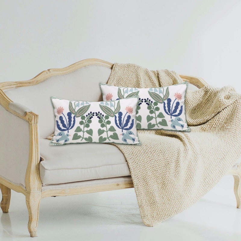 Pilmandu Pack of 2 Embroidered Decorative Throw Pillow Cover 18x18 Inch Farmhouse Floral Pillowcase for Living Room Sofa Bed (Bird Flower-Waist) - Image 3