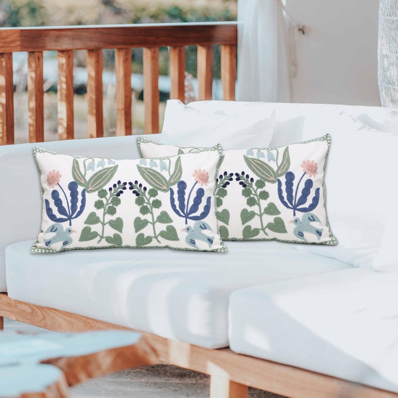 Pilmandu Pack of 2 Embroidered Decorative Throw Pillow Cover 18x18 Inch Farmhouse Floral Pillowcase for Living Room Sofa Bed (Bird Flower-Waist) - Image 2