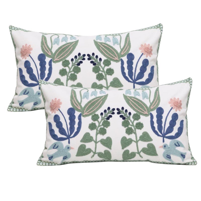 Pilmandu Pack of 2 Embroidered Decorative Throw Pillow Cover 18x18 Inch Farmhouse Floral Pillowcase for Living Room Sofa Bed (Bird Flower-Waist) - Image 1