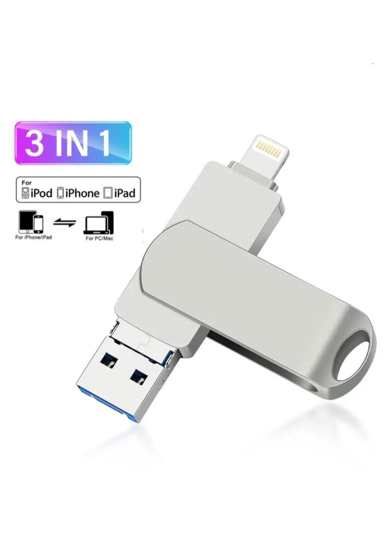 2TB USB Metal Flash Drive 3.0 for Iphone and Mac with Keyhole 3 in 1 Flash Drive OTG Type A USB + Lightning + Micro USB for Android, Ios Devices, PC's, Computers, Cars, Laptops