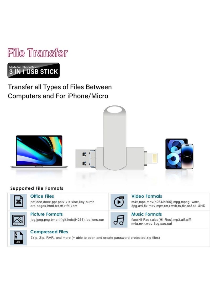 2TB USB Metal Flash Drive 3.0 for Iphone and Mac with Keyhole 3 in 1 Flash Drive OTG Type A USB + Lightning + Micro USB for Android, Ios Devices, PC's, Computers, Cars, Laptops