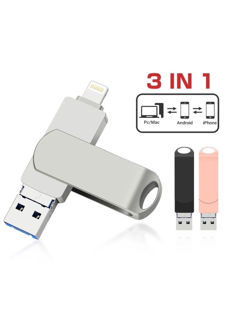 2TB USB Metal Flash Drive 3.0 for Iphone and Mac with Keyhole 3 in 1 Flash Drive OTG Type A USB + Lightning + Micro USB for Android, Ios Devices, PC's, Computers, Cars, Laptops