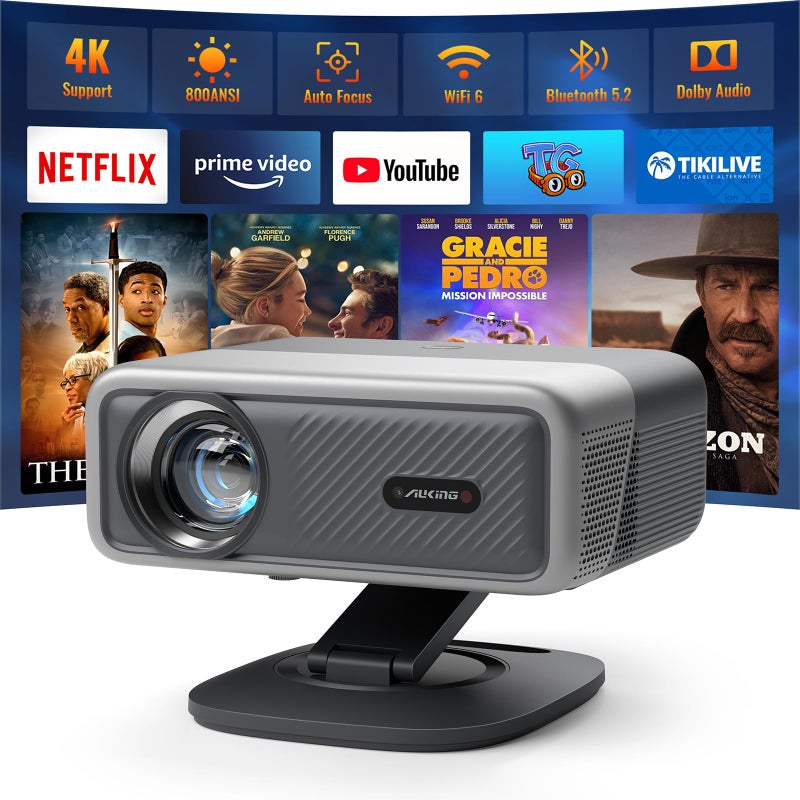 AuKing [Compatible with Netflix & Auto Focus]AuKing Smart Projector with Wifi and Bluetooth,Auto Focus&Keystone Projector4K,3D DoIby Audio, 1200ANSI Outdoor Projector with Omnidirectional Rotating Stand - Image 1