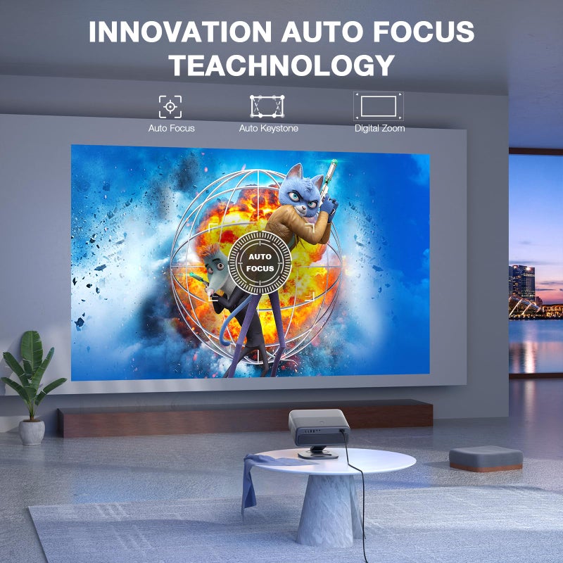 AuKing [Compatible with Netflix & Auto Focus]AuKing Smart Projector with Wifi and Bluetooth,Auto Focus&Keystone Projector4K,3D DoIby Audio, 1200ANSI Outdoor Projector with Omnidirectional Rotating Stand - Image 3