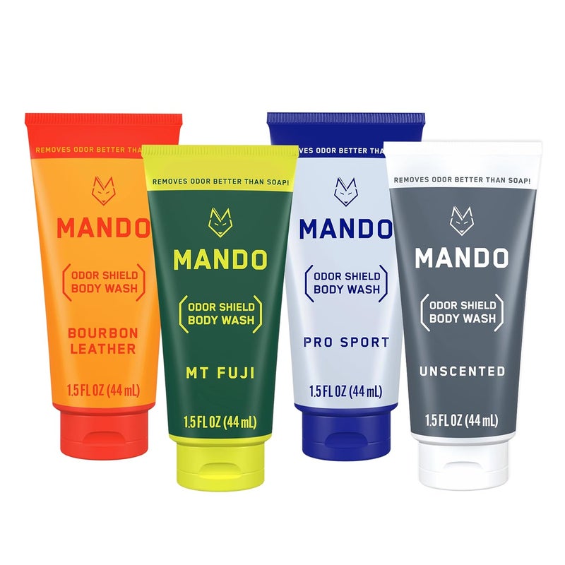 Mando Mini Body Wash  24 Hour Odor Control  Removes Odor Better than Soap  15 Ounce Tubes Pack of 4 in 4 scents Bourbon Leather Pro Sport Mt Fuji Unscented