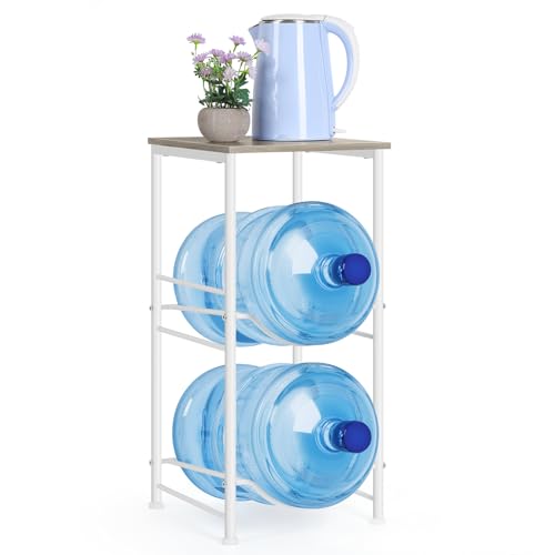 BTY Water Bottle Holder Organizer 5 Gallon Water Jug Holder with Top Shelves 2 Tier Water Cooler Jug Storage Rack Heavy Duty Water Dispenser Stand for 5 Gallon Bottle Kitchen Office Living Room Grey - Image 1