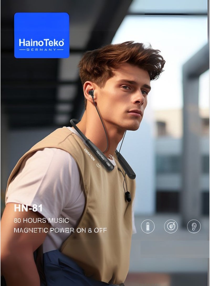 HainoTeko Haino Teko HN81 Bluetooth Neckband – Wireless Earphones with Deep Bass, HD Clear Sound, Noise Cancelling Mic, 80H Battery Life, Magnetic Design, Fast Charging, Lightweight Sports & Gym Headset – Compatible with iPhone, Samsung, Huawei, Oppo, Vivo & All Android Phones | Black - Image 2