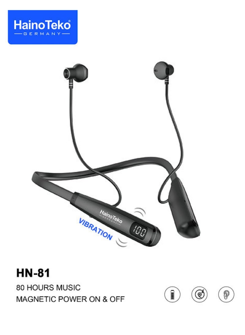 HainoTeko Haino Teko HN81 Bluetooth Neckband – Wireless Earphones with Deep Bass, HD Clear Sound, Noise Cancelling Mic, 80H Battery Life, Magnetic Design, Fast Charging, Lightweight Sports & Gym Headset – Compatible with iPhone, Samsung, Huawei, Oppo, Vivo & All Android Phones | Black - Image 1
