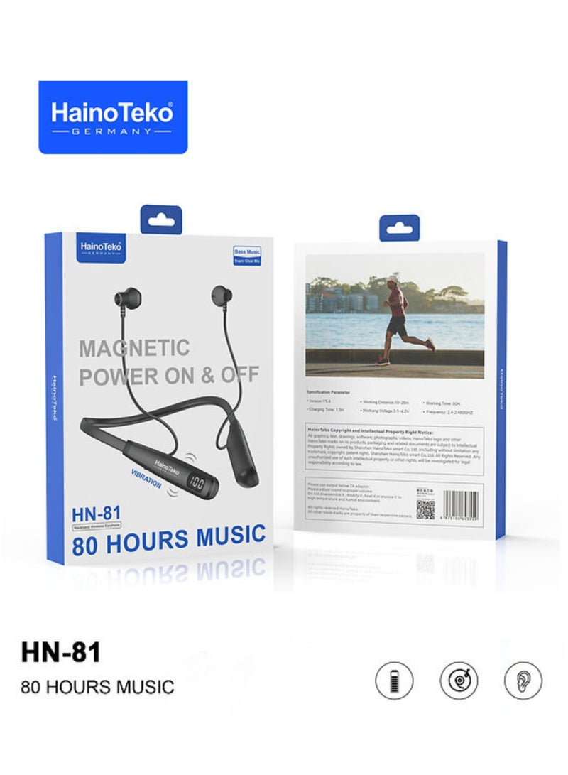HainoTeko Haino Teko HN81 Bluetooth Neckband – Wireless Earphones with Deep Bass, HD Clear Sound, Noise Cancelling Mic, 80H Battery Life, Magnetic Design, Fast Charging, Lightweight Sports & Gym Headset – Compatible with iPhone, Samsung, Huawei, Oppo, Vivo & All Android Phones | Black - Image 3