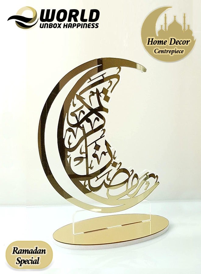 إي وورلد ديكور رمضان الأنيق على الطاولة من الأكريليك للمنزل، زخرفة إسلامية خفيفة الوزن مميزة بخط الرمضان كريم، زخارف هلالية مثالية للحفلات الإسلامية، مشرقة باللون الذهبي. - Image 1
