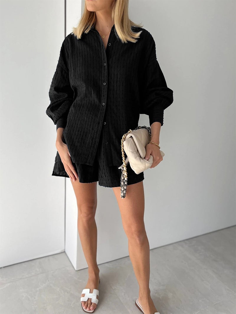 2022 Autumn Ladies Embroidered Puff Sleeve Shirt Shorts Set Black