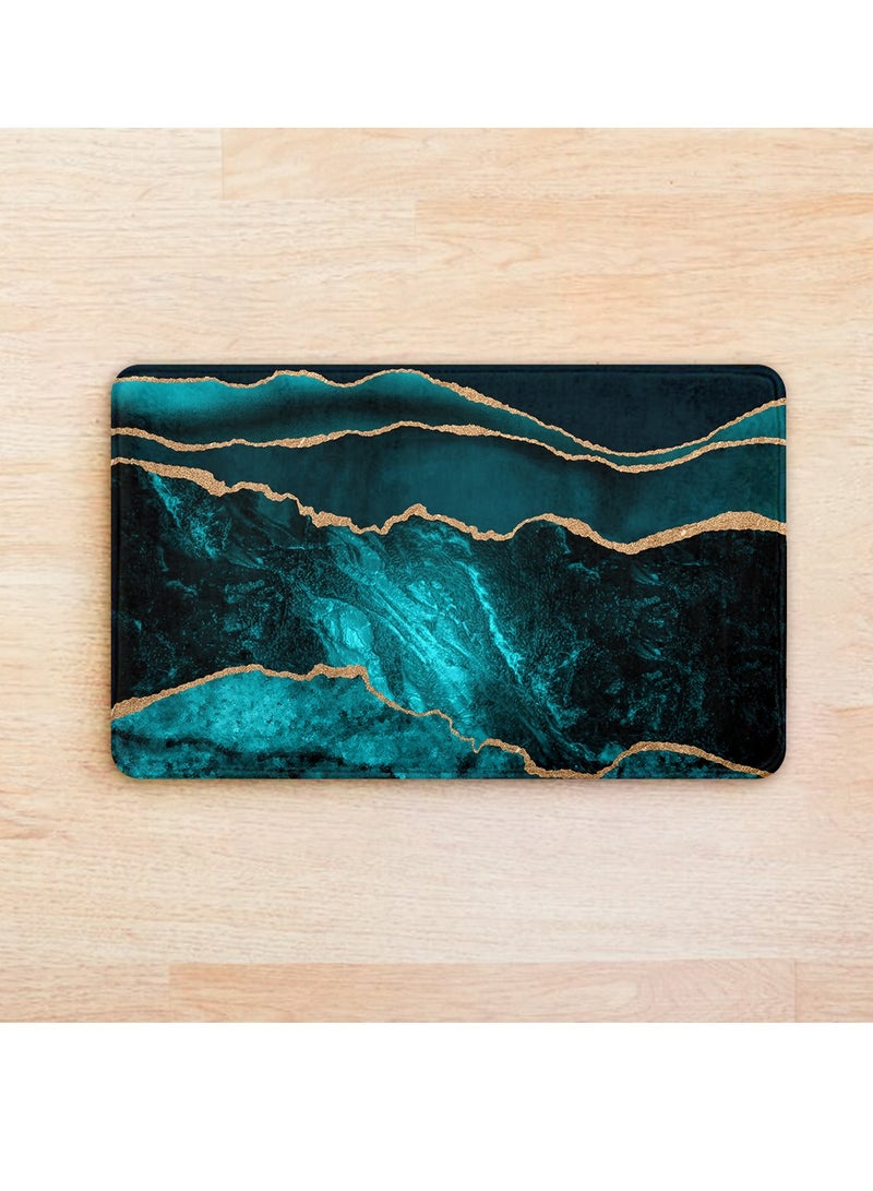 ريزاريز سجادة باب تجريدية ذهبية زرقاء مخملية فائقة النعومة باللون الأزرق المخضر، مانعة للانزلاق قابلة للغسل، 50 × 80 سم - Image 2