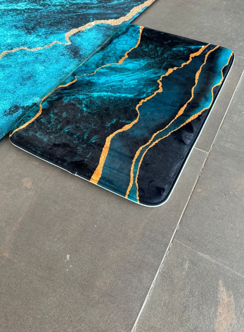 ريزاريز سجادة باب تجريدية ذهبية زرقاء مخملية فائقة النعومة باللون الأزرق المخضر، مانعة للانزلاق قابلة للغسل، 50 × 80 سم - Image 5