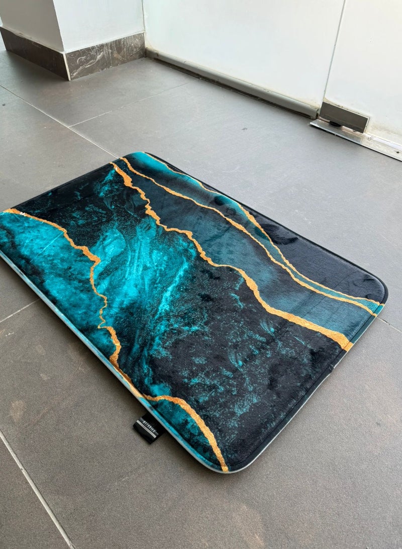 ريزاريز سجادة باب تجريدية ذهبية زرقاء مخملية فائقة النعومة باللون الأزرق المخضر، مانعة للانزلاق قابلة للغسل، 50 × 80 سم - Image 4