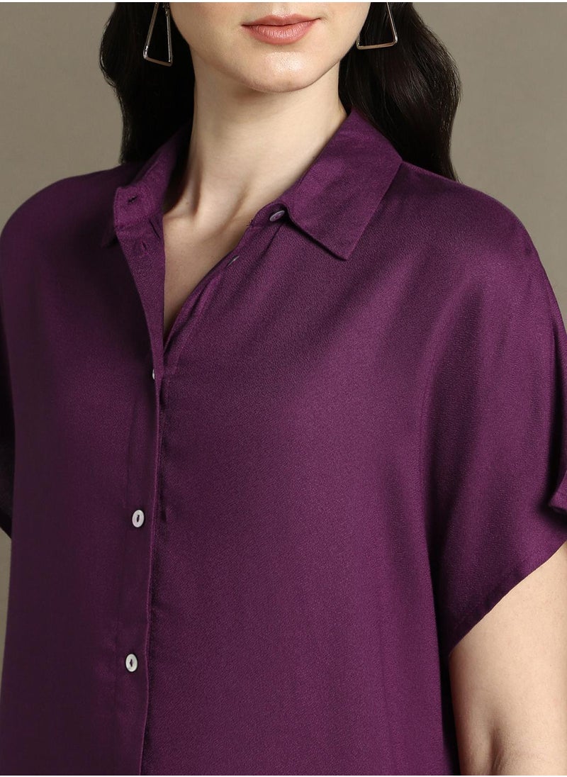 Dennis Lingo Purple Regular Fit Shirts Solid design crafted from Rayon featuring Half Sleeve with Button closure.  - Image 4