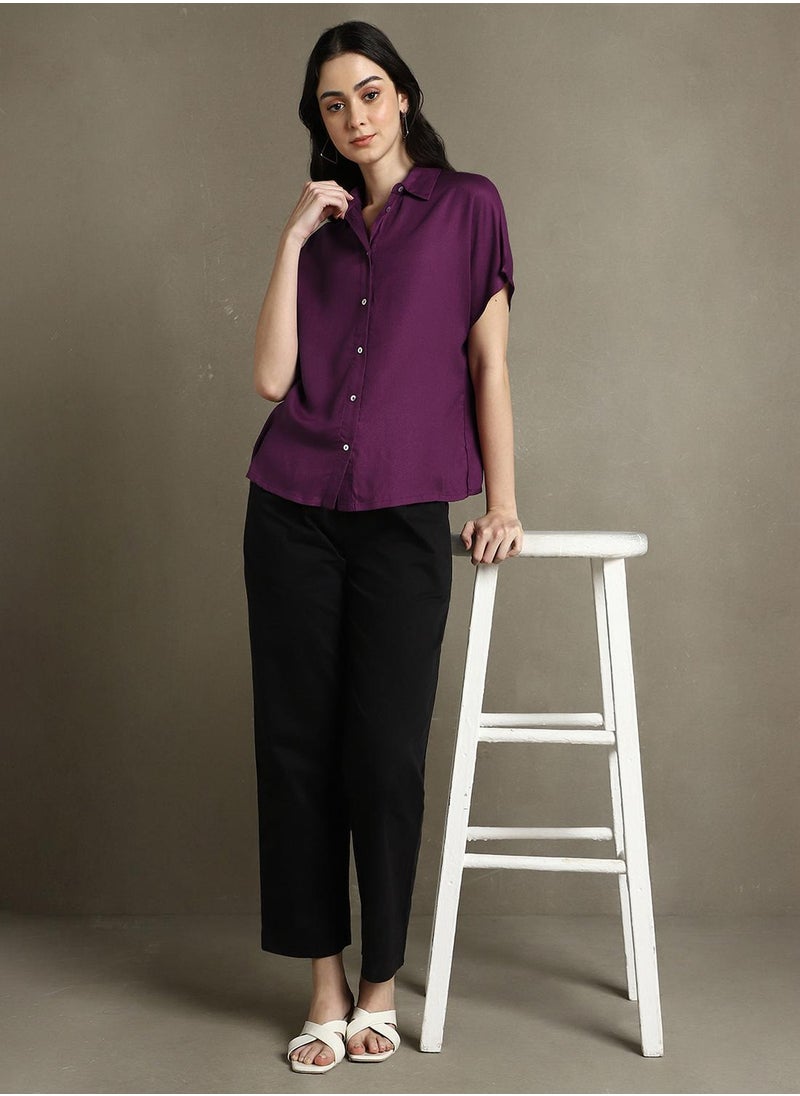 Dennis Lingo Purple Regular Fit Shirts Solid design crafted from Rayon featuring Half Sleeve with Button closure.  - Image 5