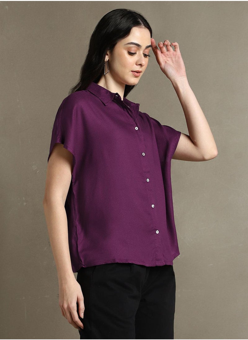 Dennis Lingo Purple Regular Fit Shirts Solid design crafted from Rayon featuring Half Sleeve with Button closure.  - Image 2