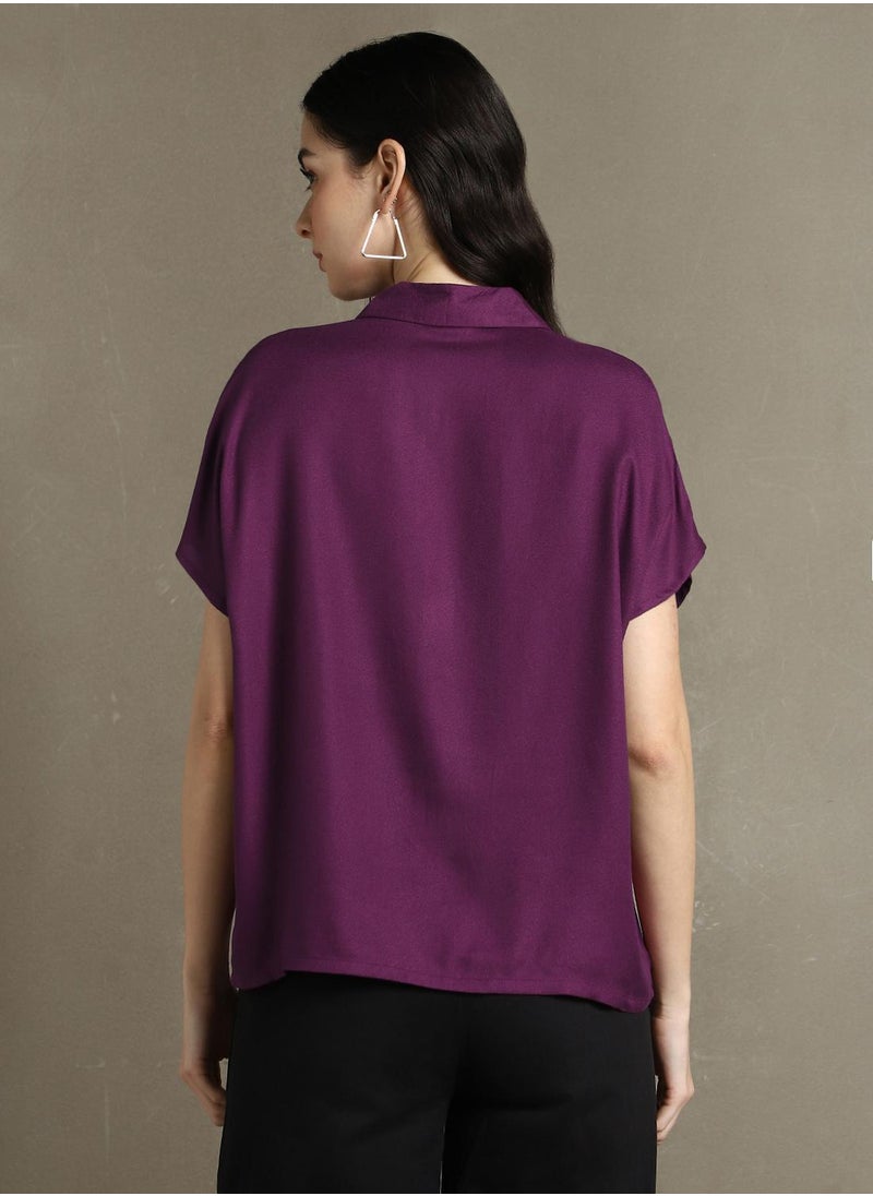 Dennis Lingo Purple Regular Fit Shirts Solid design crafted from Rayon featuring Half Sleeve with Button closure.  - Image 3