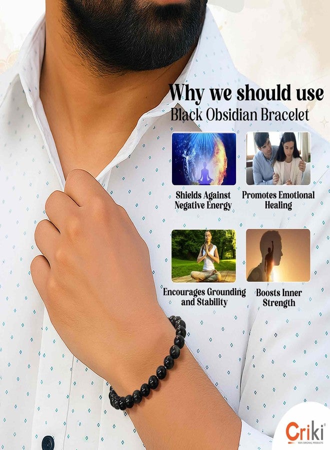 CRIKI Black Obsidian Bracelet for Men and Women Original Certified - Black Obsidian Stone Bracelet for Protection, Healing, Emotional Strength & Grounding - 8MM Beads - Image 4