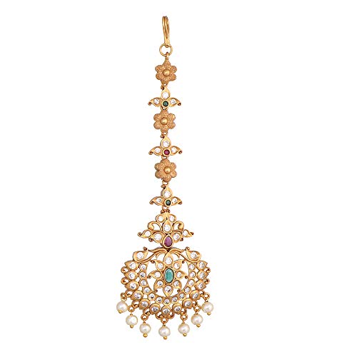TARINIKA Antique Maang Tikka(Nethi chutti) for Women, Gold Plated Brass & CZ Stones Head Jewelry, Traditional Wedding Mang tikka Festive & Bridal Accessory (Kinjal Antique(White Red Green)) - Image 1