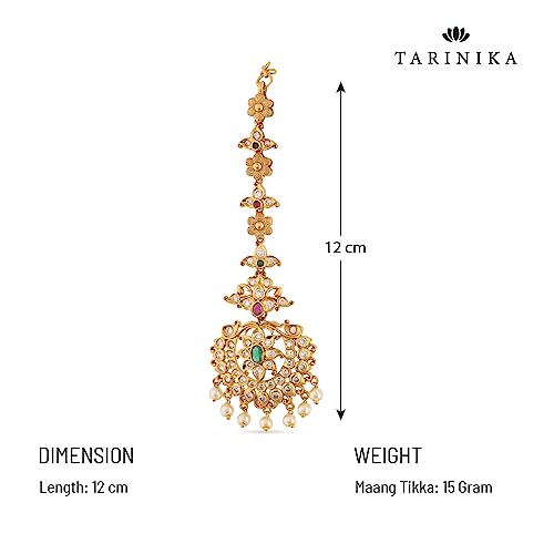 TARINIKA Antique Maang Tikka(Nethi chutti) for Women, Gold Plated Brass & CZ Stones Head Jewelry, Traditional Wedding Mang tikka Festive & Bridal Accessory (Kinjal Antique(White Red Green)) - Image 3