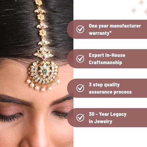 TARINIKA Antique Maang Tikka(Nethi chutti) for Women, Gold Plated Brass & CZ Stones Head Jewelry, Traditional Wedding Mang tikka Festive & Bridal Accessory (Kinjal Antique(White Red Green)) - Image 4
