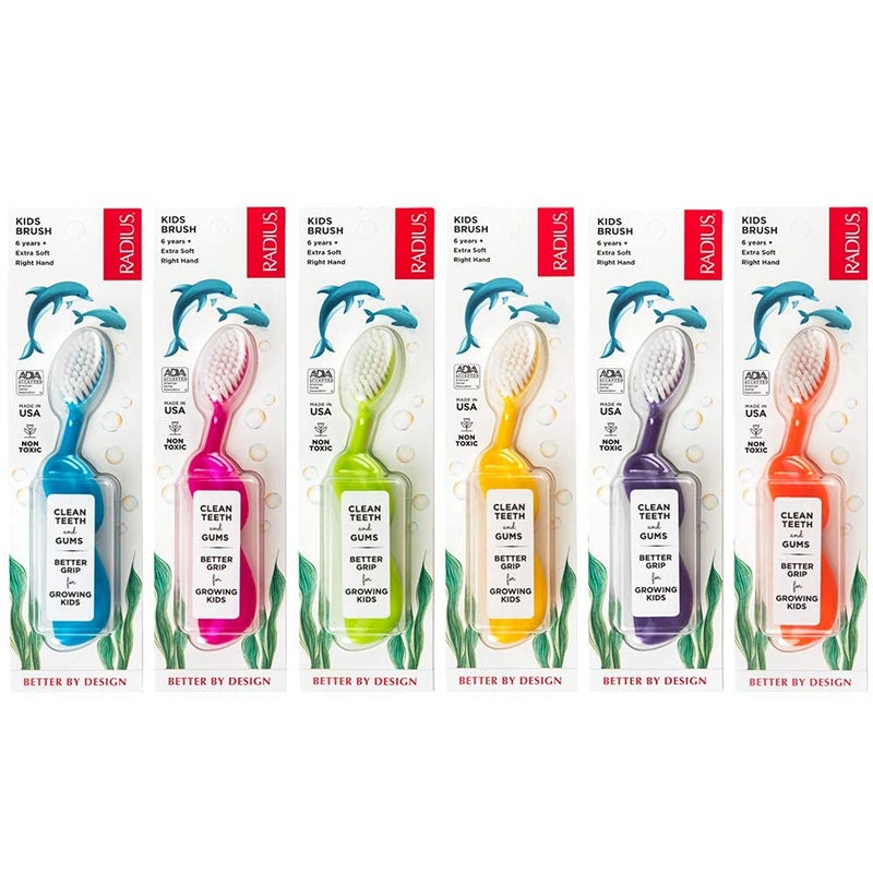 RADIUS Kidz Toothbrush Childrens Right Hand BPA Free ADA Accepted Designed to Clean Teeth Gums for Children 6 Years Up Assorted Colors Pack of 6