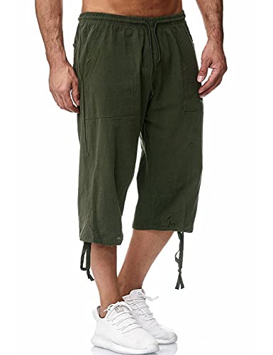 HangNiFang Men's Long Linen Shorts Below Knee Pocketed 3/4 Summer Drawstring Capri Pant(0131-ArmyGreen-M) - Image 1