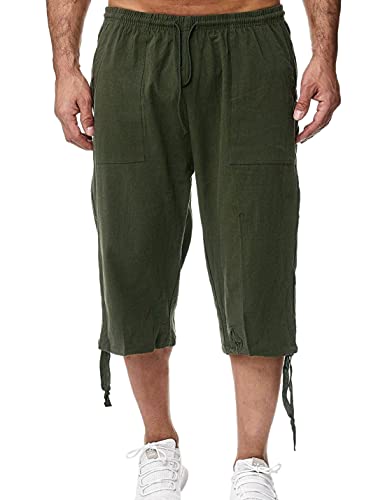 HangNiFang Men's Long Linen Shorts Below Knee Pocketed 3/4 Summer Drawstring Capri Pant(0131-ArmyGreen-M) - Image 2