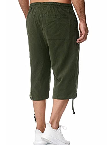 HangNiFang Men's Long Linen Shorts Below Knee Pocketed 3/4 Summer Drawstring Capri Pant(0131-ArmyGreen-M) - Image 4