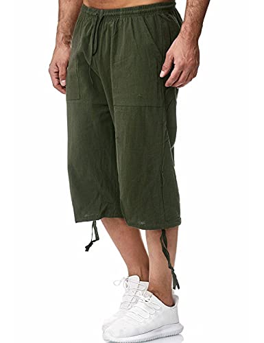 HangNiFang Men's Long Linen Shorts Below Knee Pocketed 3/4 Summer Drawstring Capri Pant(0131-ArmyGreen-M) - Image 3