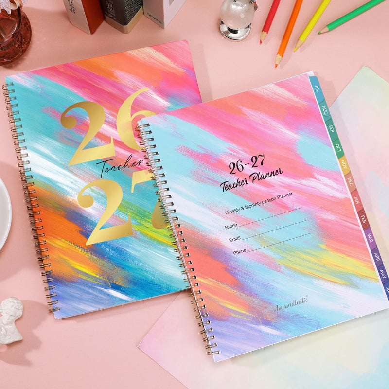 Journaltastic Teacher Planner 2026-2027 - 2026-2027 Weekly & Monthly Lesson Plan Book with Colorful Tabs, July 2026 - June 2027, 9" x 11", Academic Planner 2026-2027 with Twin-Wire Binding for Teachers - Watercolor - Image 2