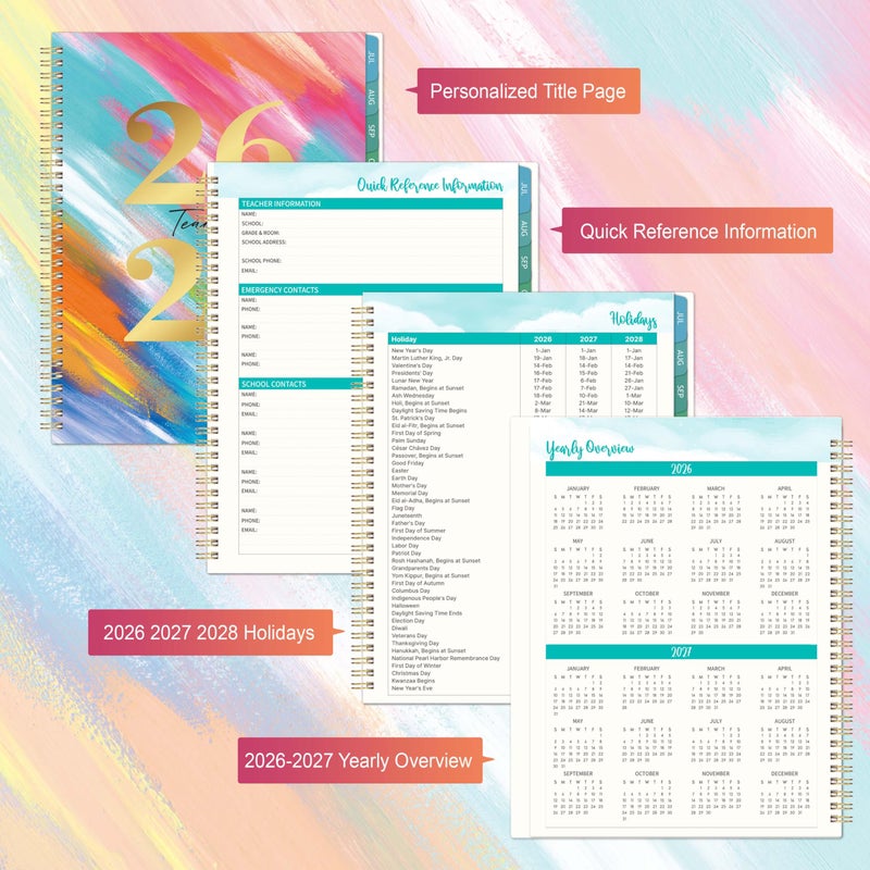 Journaltastic Teacher Planner 2026-2027 - 2026-2027 Weekly & Monthly Lesson Plan Book with Colorful Tabs, July 2026 - June 2027, 9" x 11", Academic Planner 2026-2027 with Twin-Wire Binding for Teachers - Watercolor - Image 5