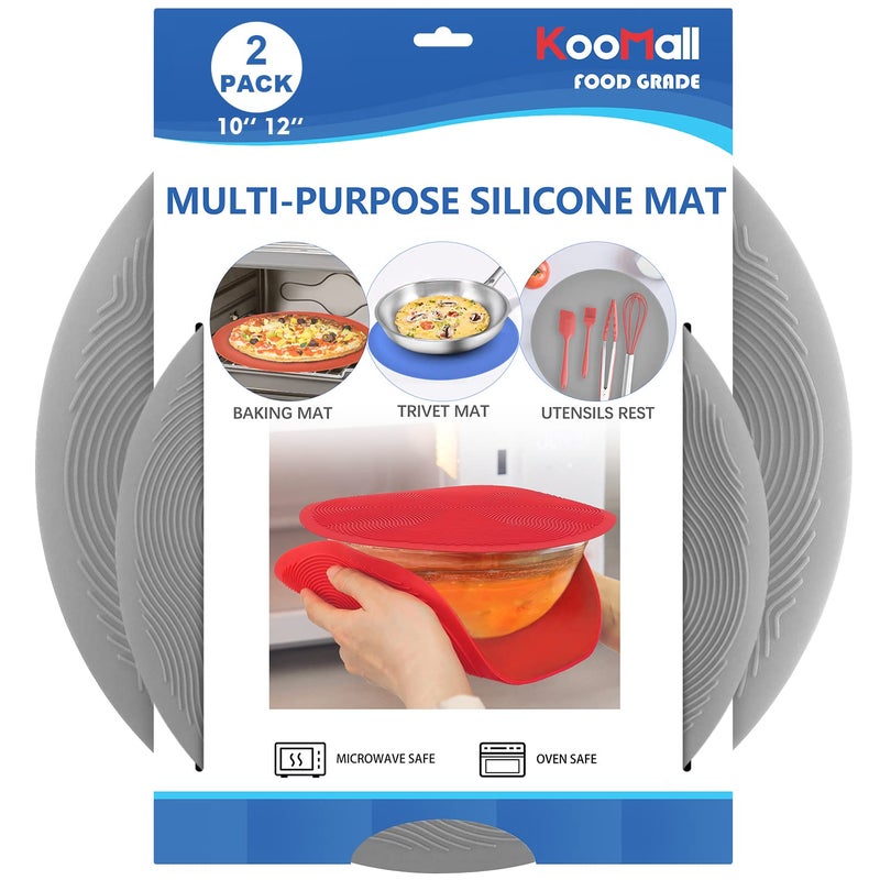 KooMall 12 10 Inch Multiuse Microwave Mat Trivet Pot Holders Drying Baking Place Mat Utensils Rest Silicone Cover Pad for Hot Pots Pans Bowls Plates Dishes Kitchen Counter Heat ResistantGray
