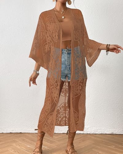 Bsubseach Lace Long Kimono Women Boho Duster Cardigan Swimsuit Beach Coverup Khaki - Image 4