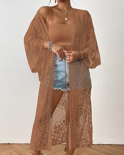 Bsubseach Lace Long Kimono Women Boho Duster Cardigan Swimsuit Beach Coverup Khaki - Image 3