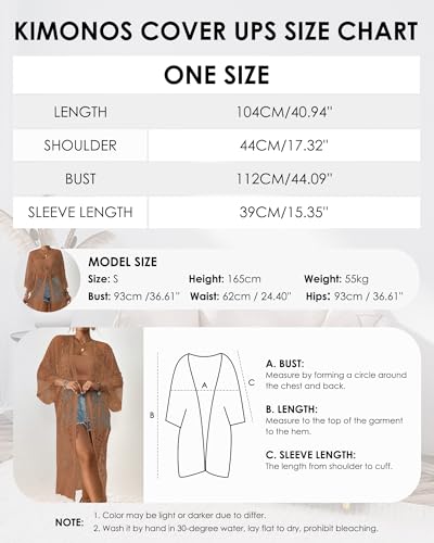Bsubseach Lace Long Kimono Women Boho Duster Cardigan Swimsuit Beach Coverup Khaki - Image 2