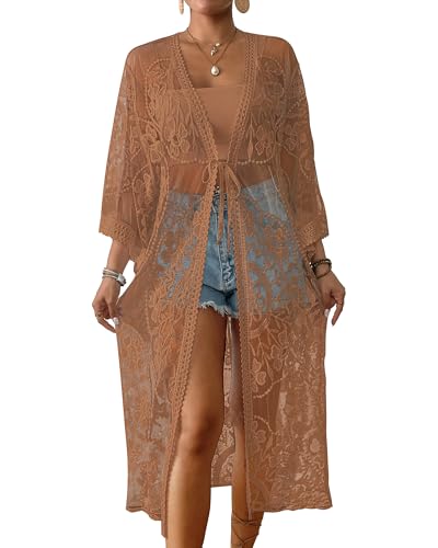 Bsubseach Lace Long Kimono Women Boho Duster Cardigan Swimsuit Beach Coverup Khaki - Image 1