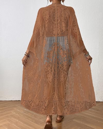 Bsubseach Lace Long Kimono Women Boho Duster Cardigan Swimsuit Beach Coverup Khaki - Image 5