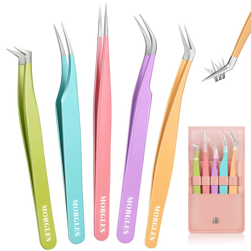 MORGLES 5pcs Eyelash Extension Tweezers High Precision Straight and Curved Volume Lash Tweezers for Extensions Crafting Girls Women Beginners